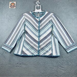 Chico's Sweater Jacket Women's 3‎ Long Sleeve Snap Fringe Trim Cotton Multicolor